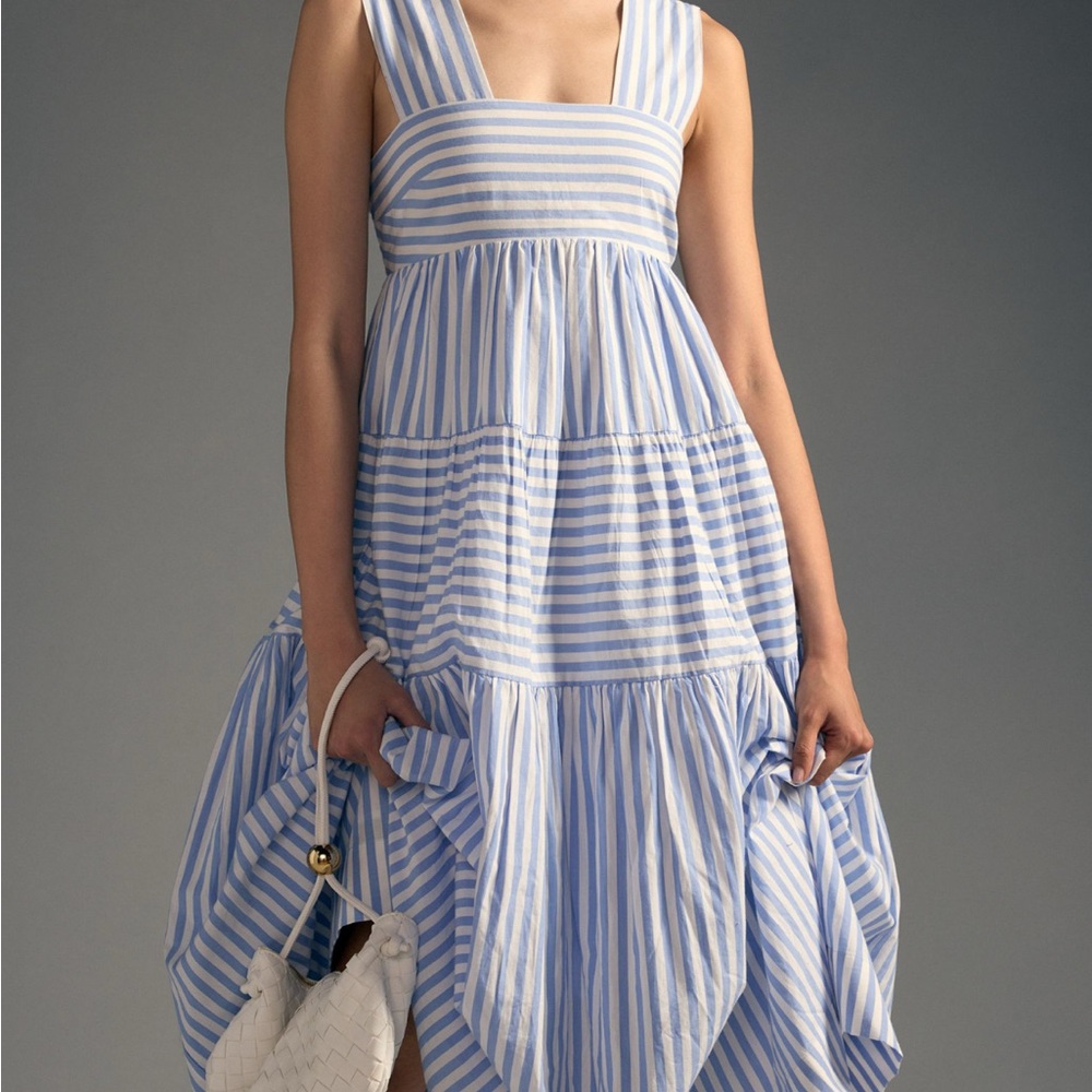 Helena Striped Square-Neck Tiered Midi Babydoll Dress